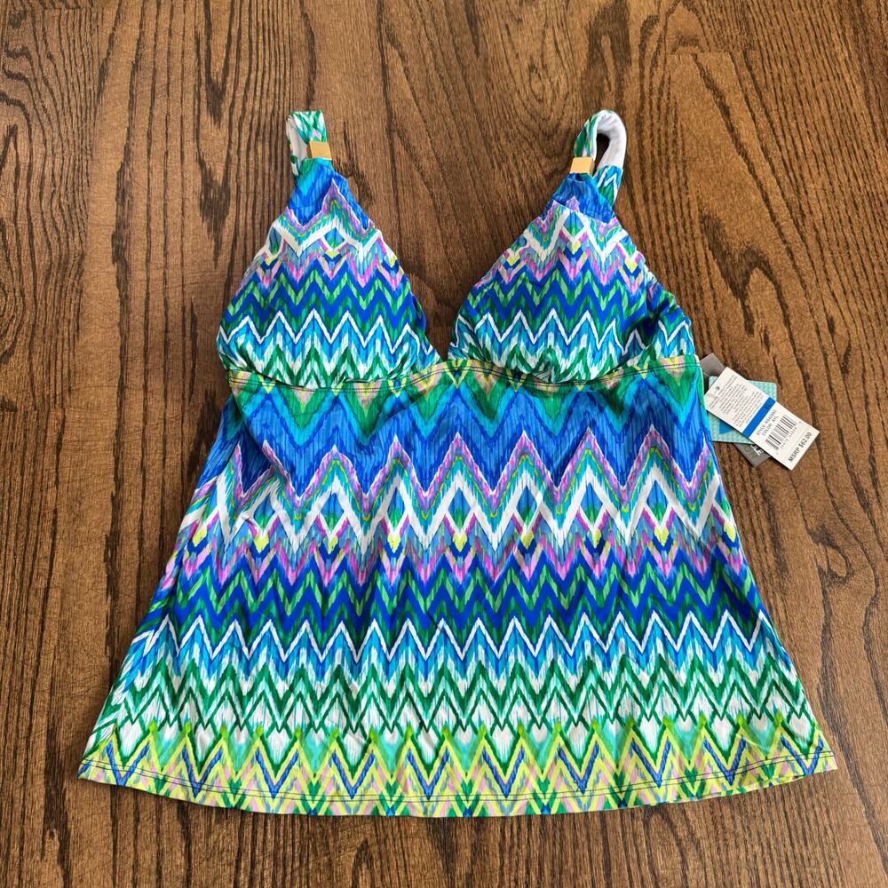 Kenneth Cole Womens Blue Green Aztec Chevron Print Tankini Swim Top Size XL